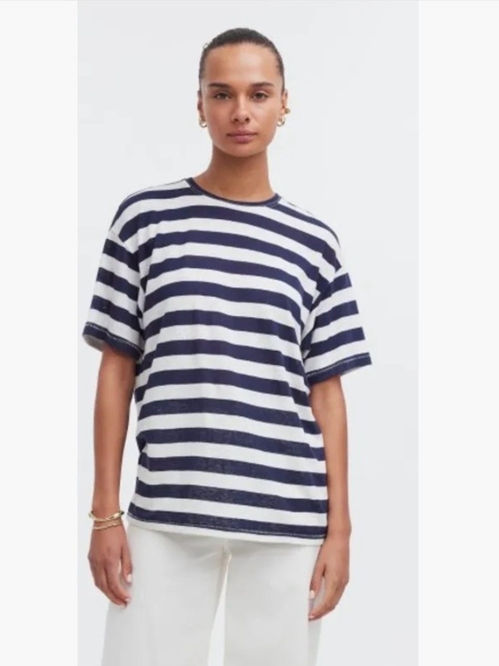 MADEWELL Navy White Striped Linen Blend Tee L